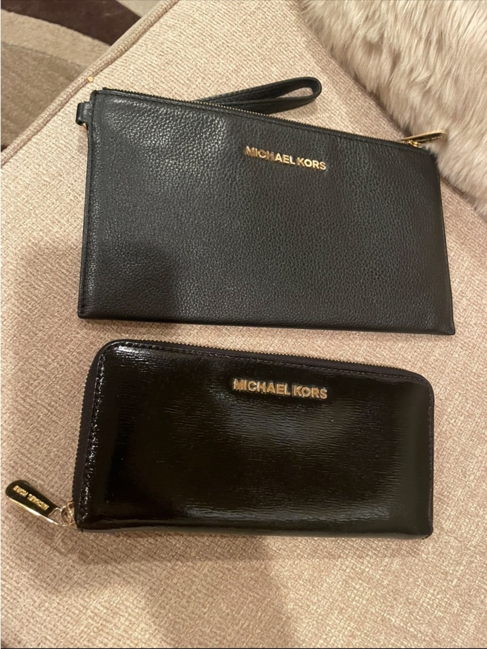Michael Kors Black Leather Wristlet & Patent Zip Wallet Set